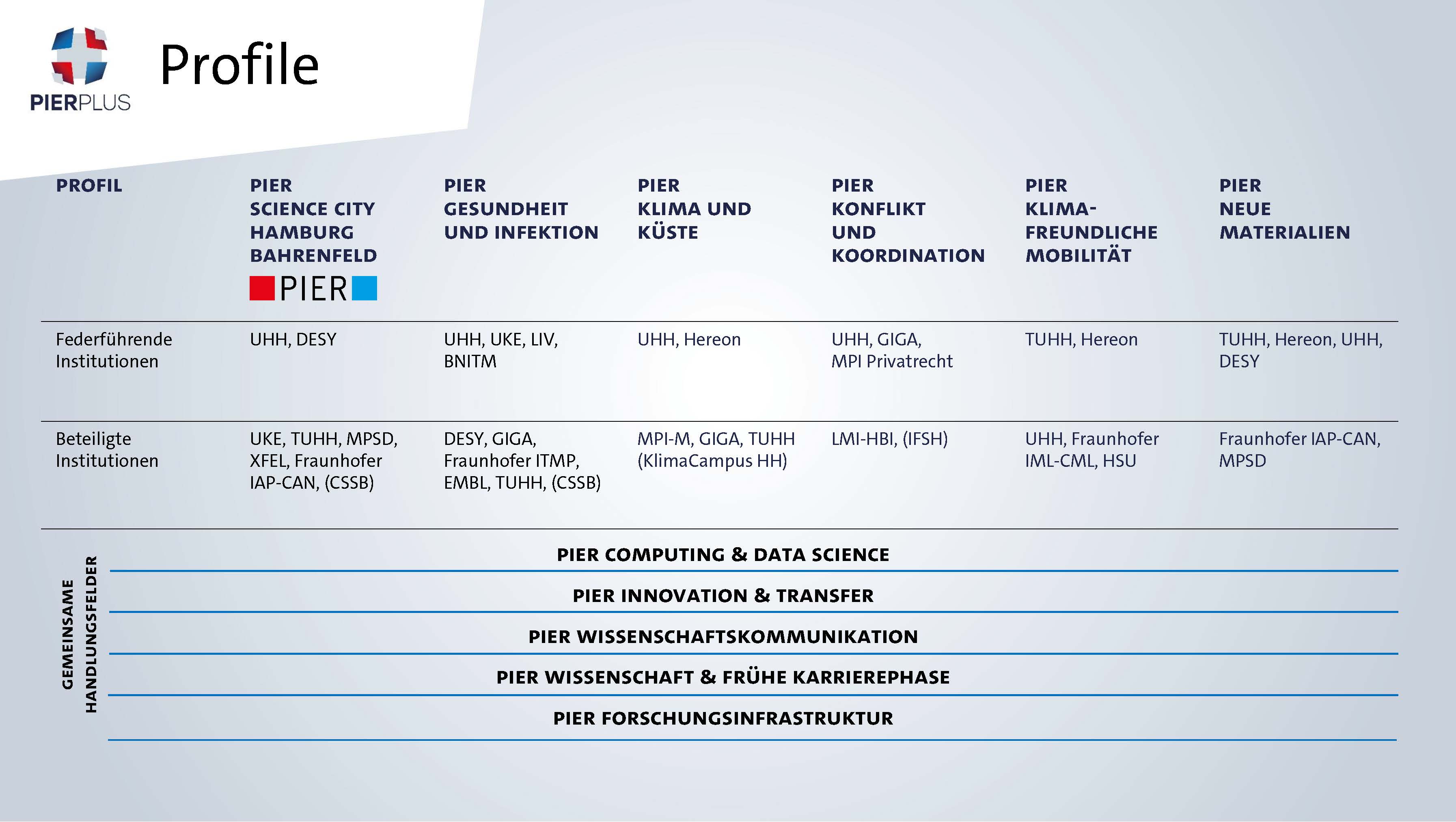 Mithilfe einer Tabelle wird die Struktur von PIER PLUS erläutert. Es wird erläutert, welche Profile es gibt, welche federführenden Institutionen jeweils dazu gehören und welche Institutionen beteiligt sind.