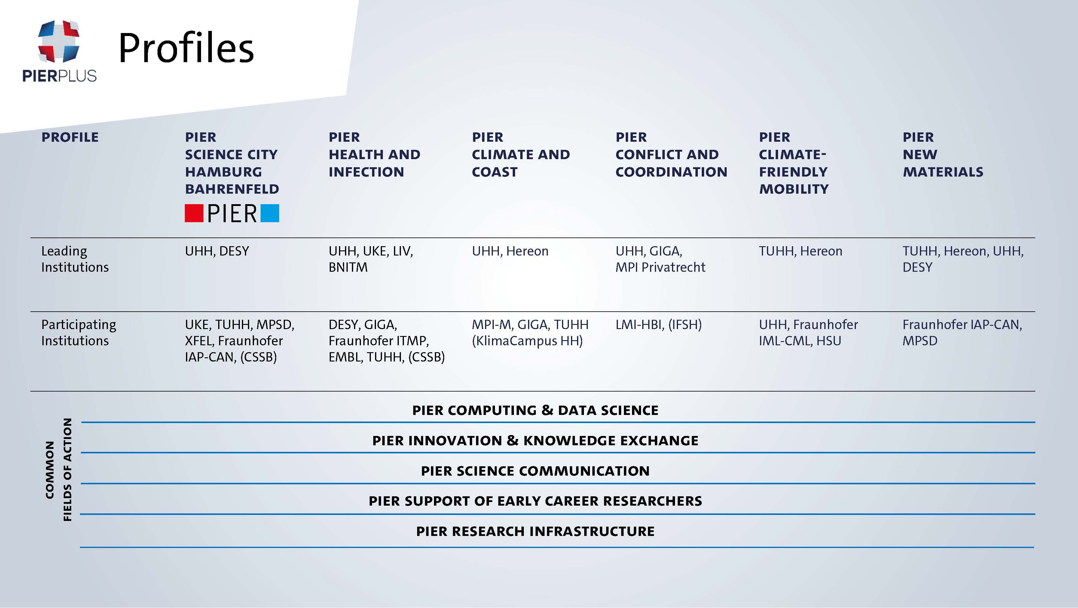 With the help of a table, the structure of PIER PLUS is explained. It explains which profiles exist, which lead institutions belong to each of them and which institutions are involved.