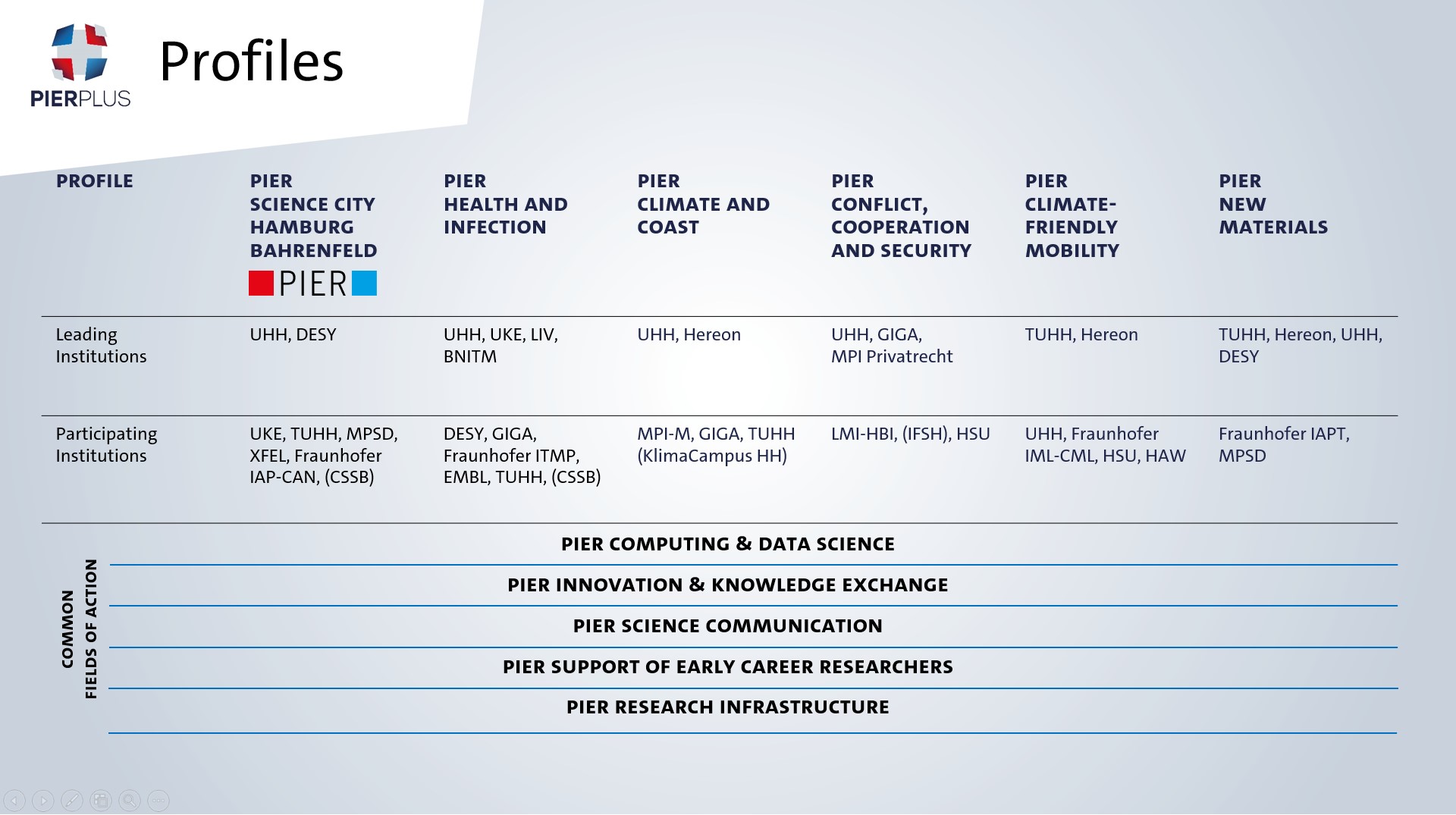 With the help of a table, the structure of PIER PLUS is explained. It explains which profiles exist, which lead institutions belong to each of them and which institutions are involved.