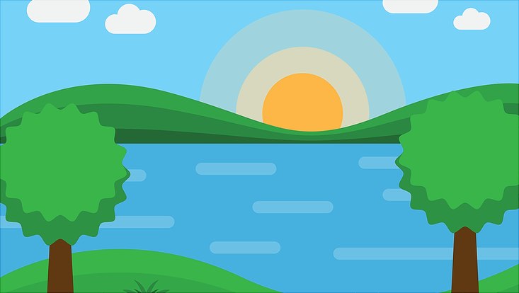 A digital illustration showing 2 trees in front of a body of water in the foreground, with a hilly landscape and the rising sun in the background.