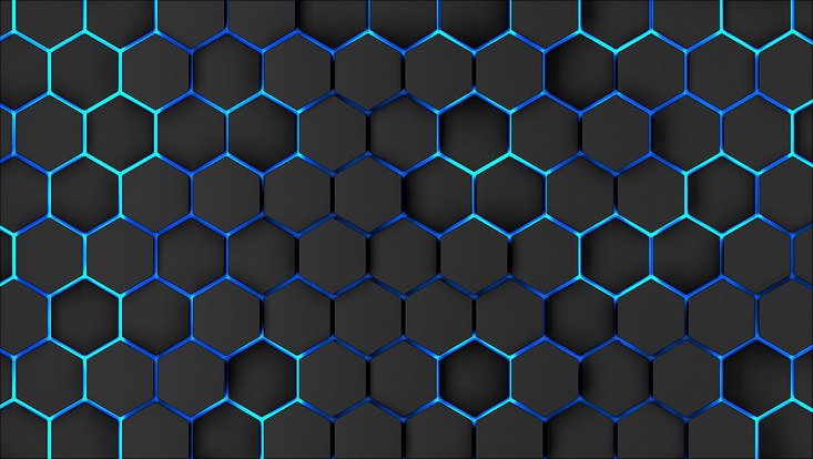 The picture shows a honeycomb-like structure. The black-and-green honeycombs are outlined in bright or dark-blue.